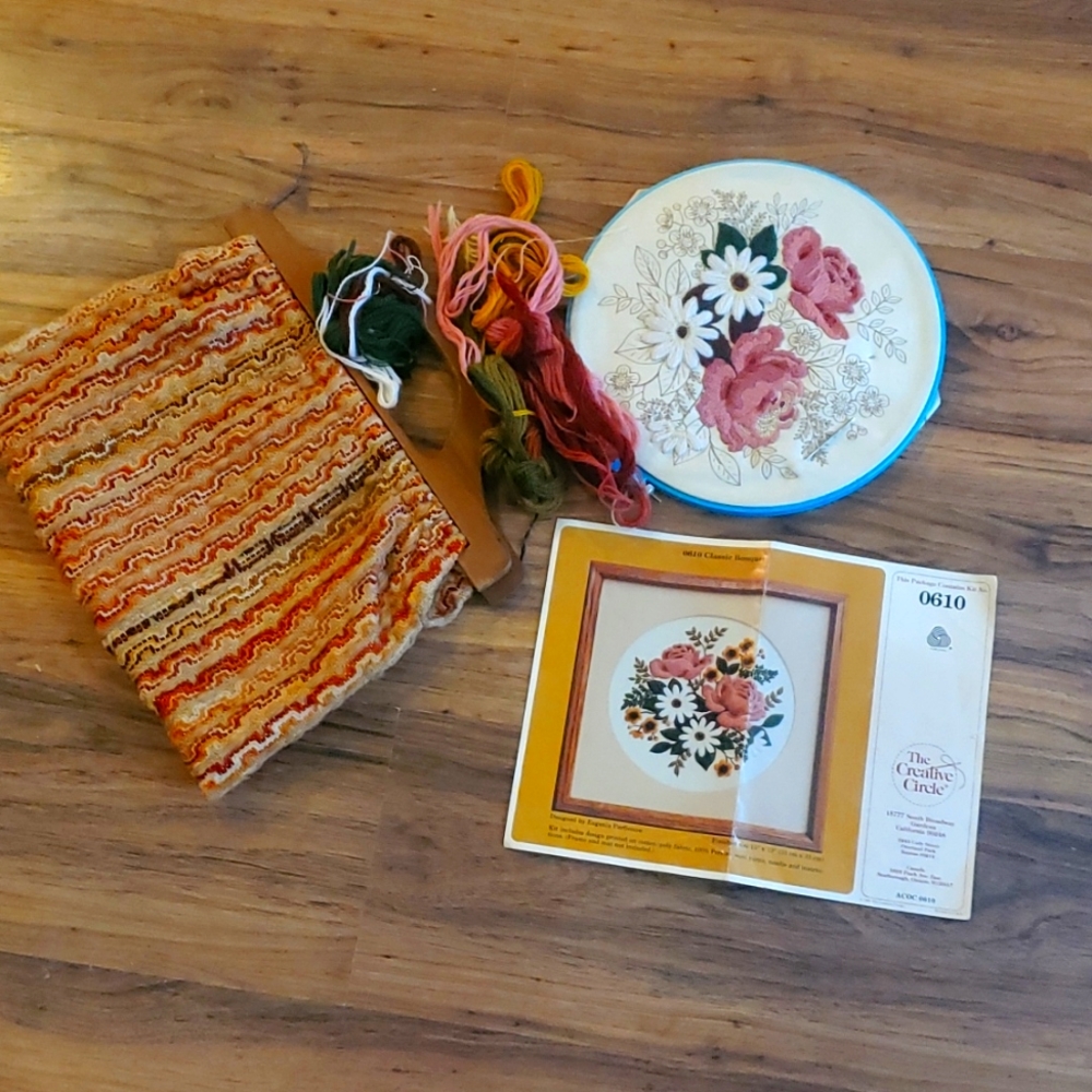 Embroidery lot 1970 vintage roses sunflowers artisan tapestry with vintage bag